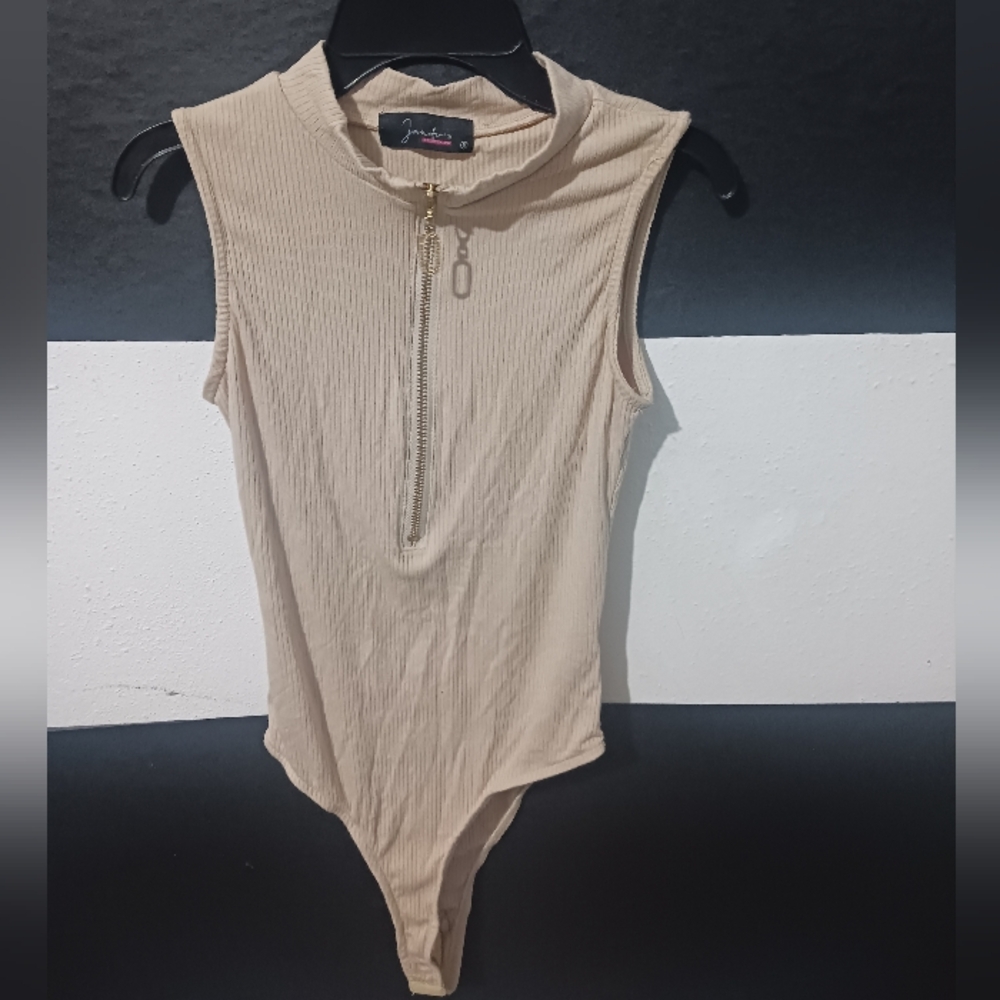 Women zip gold beige stretchable sleveless  top bodysuit